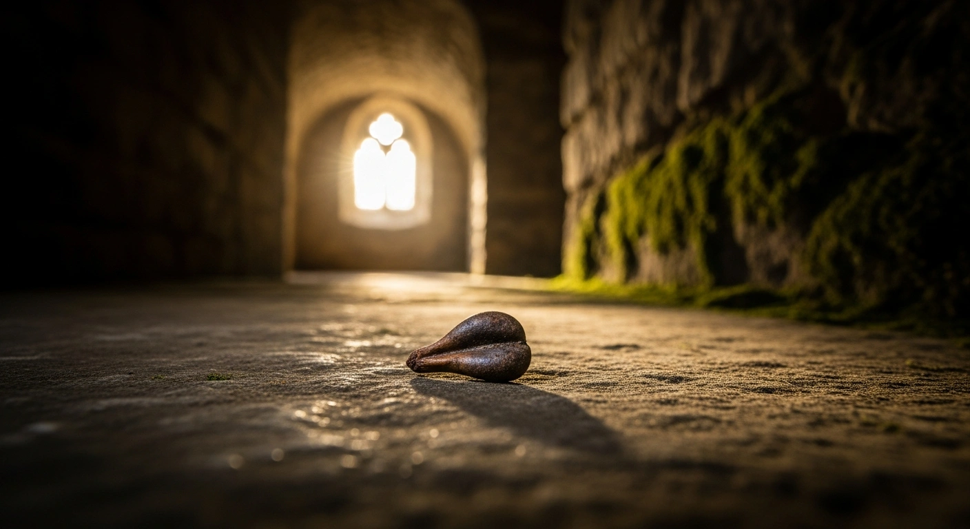 A six-hundred-year-old grape seed found at a medieval French hospital site sits on a stone surface, representing the ancient origins of the Pinot Noir variety.