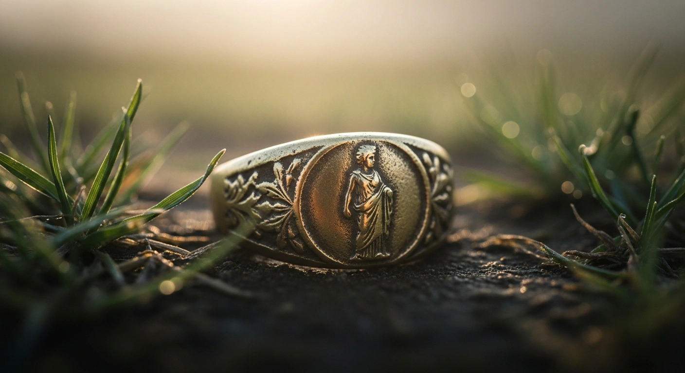 A rare 1,700-year-old gold Roman ring featuring an engraving of the goddess Victoria lies on the ground after being discovered by a metal detectorist in Ilminster.