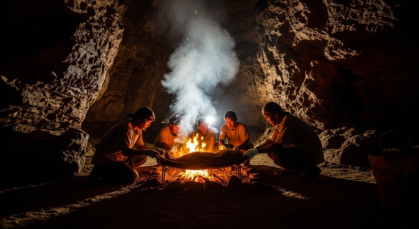 Ancient hunter-gatherers in a dimly lit cave perform smoke-drying mummification over a smoldering pit, a practice dating back 14,000 years in southern China and Southeast Asia, predating Egyptian and Chinchorro mummies.