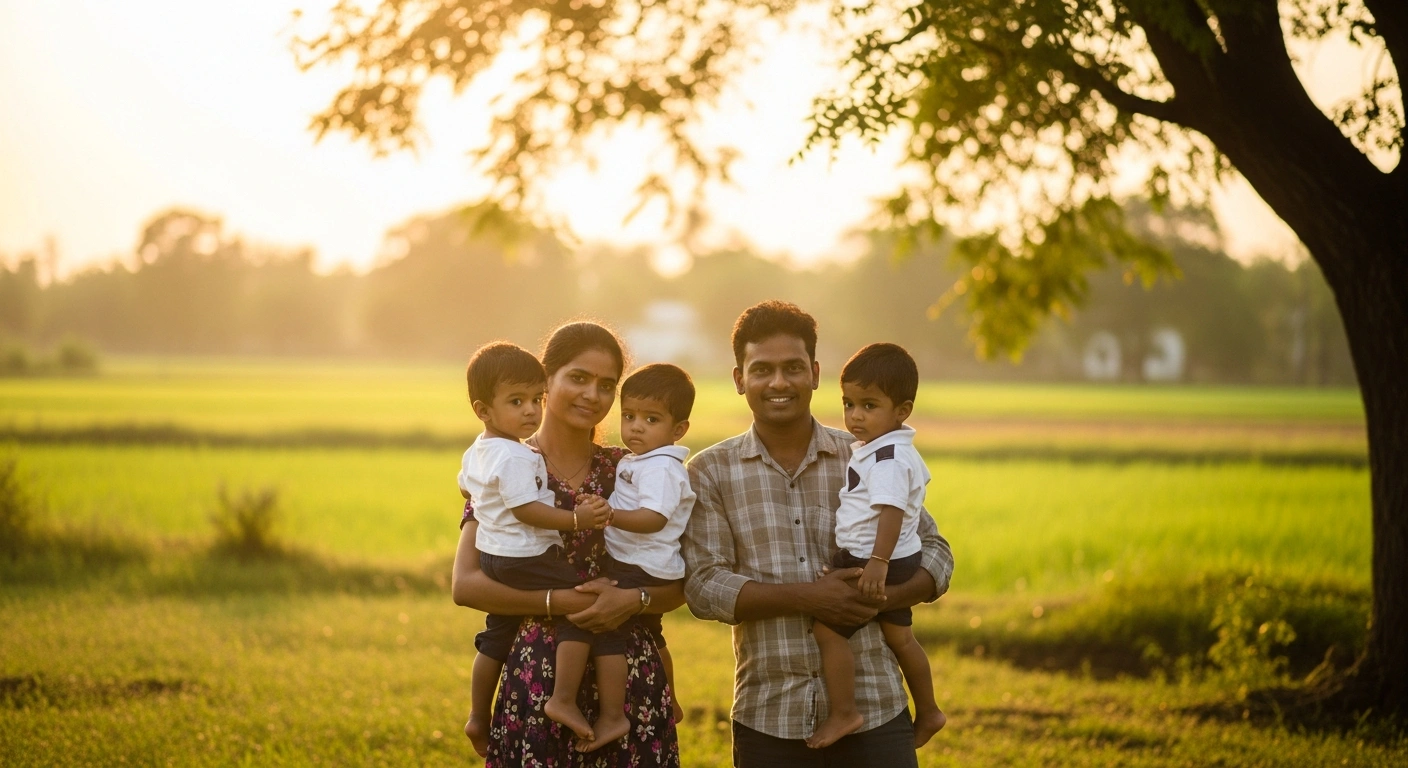 A young Indian family stands together in a sunlit field in Andhra Pradesh, representing the state's new population policy and financial incentives for families.