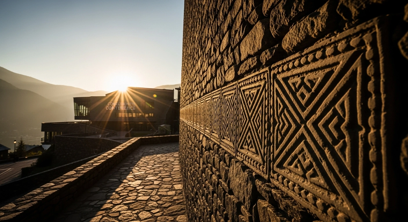 A majestic dry stone wall, illuminated by golden hour light, stands in the foreground, with a modern conference center subtly blurred in the background, representing the XIII APSAT Meeting in Andorra dedicated to dry stone and traditional architecture, recognized by UNESCO.