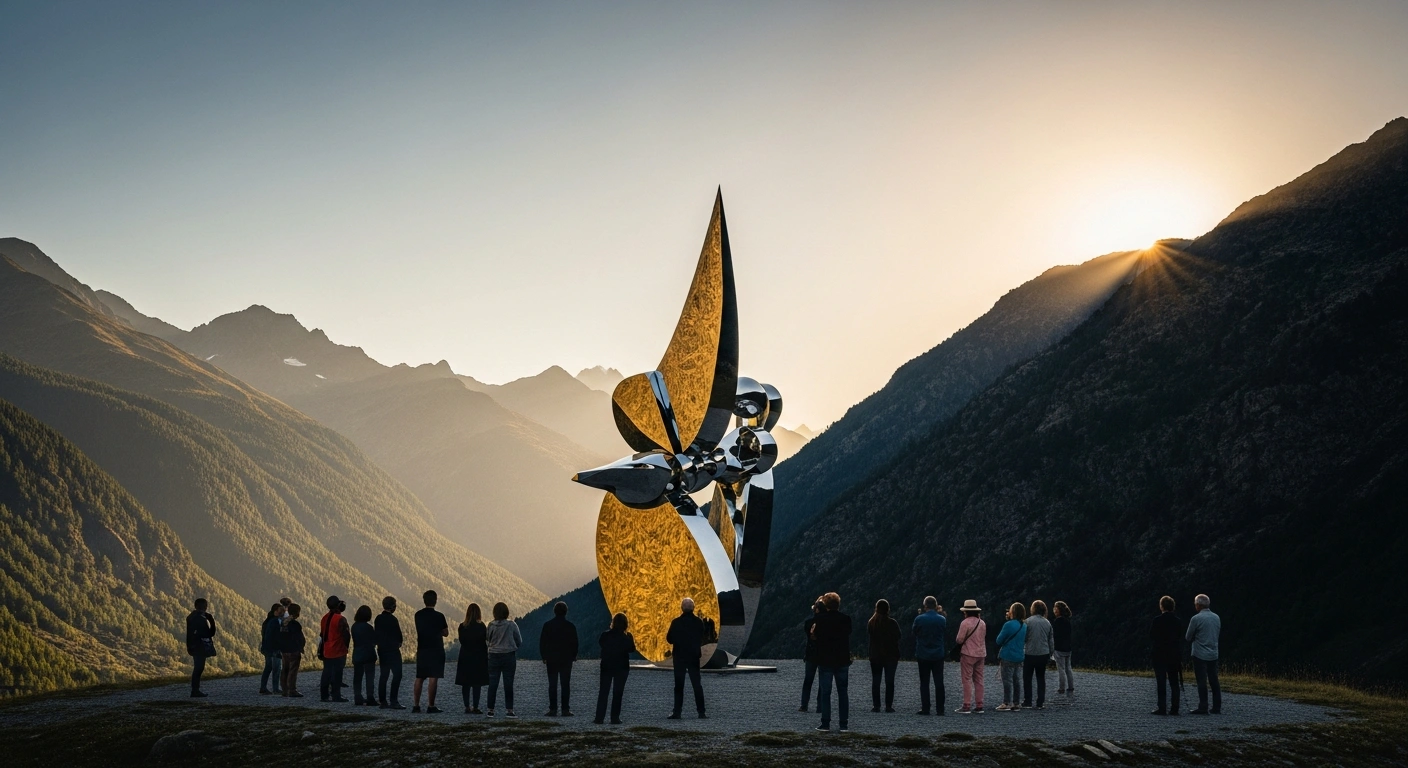 A monumental, abstract art installation, symbolizing 'Pausa per continuar' and reflection on past and future, stands in the rugged, sun-drenched mountains of Andorra at golden hour, with silhouetted figures contemplating it, representing the L'ANDART International Art Biennial in Sant Julià de Lòria.