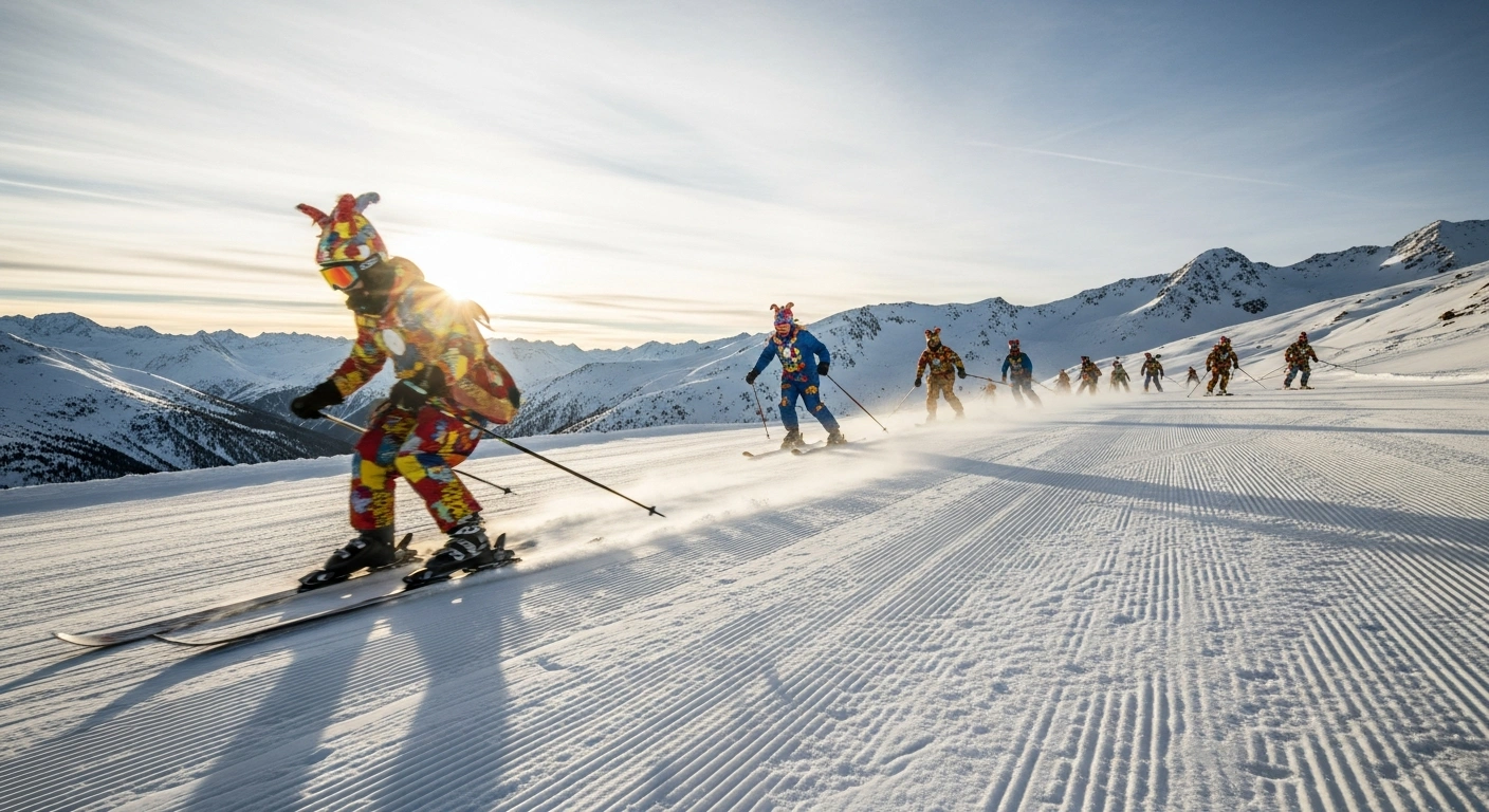 Costumed skiers in vibrant, fantastical outfits descend a snow-covered slope at sunset in Andorra, showcasing the unique costume skiing event during the Festes de Carnaval.