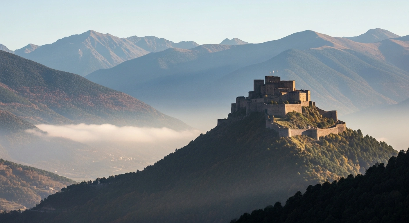 A majestic stone fortress stands on a sun-drenched ridge in the Pyrenees mountains, symbolizing the Principality of Andorra's strong fiscal position and economic growth, while a subtle wisp of fog in the valleys below represents challenges like delayed EU integration and limited monetary flexibility, aligning with S&P Global Ratings' affirmed 'A-/A-2' stable outlook.