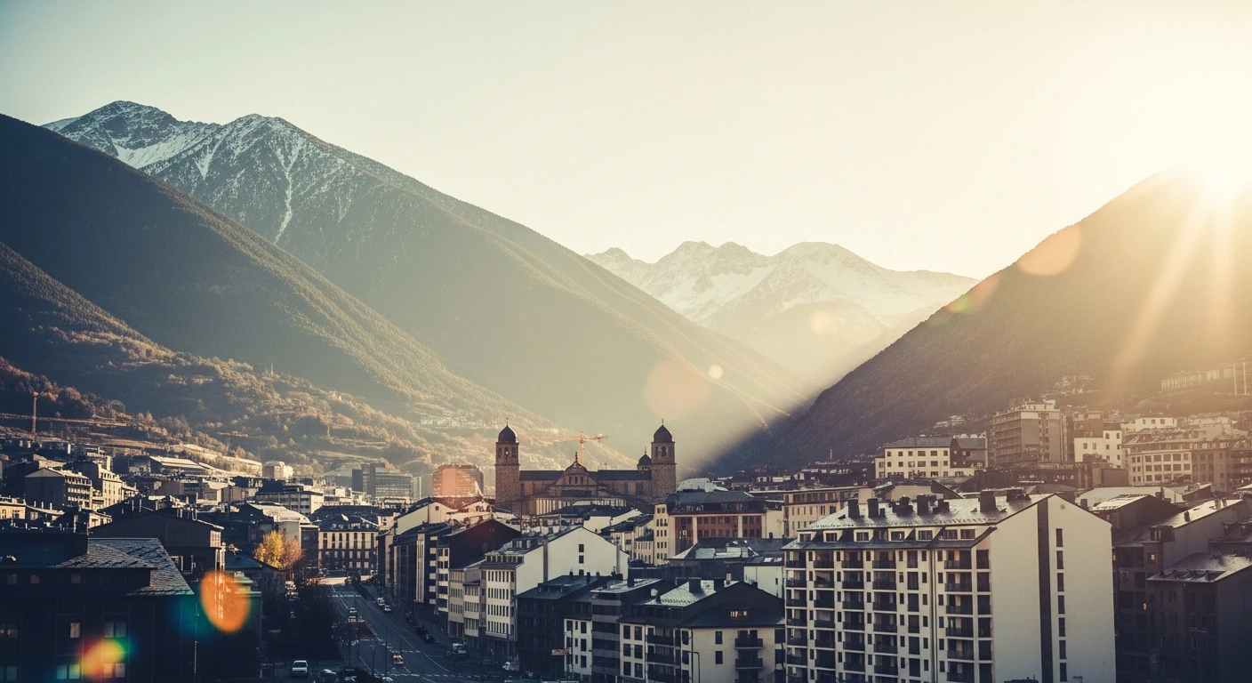 A scenic view of the modern cityscape of Andorra la Vella nestled in the Pyrenees mountains, representing the positive economic outlook and fiscal growth of the country.