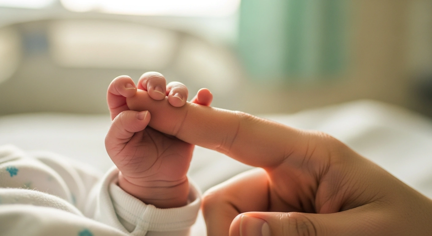 A newborn baby's tiny hand, symbolizing Salvador Aníbal Torres, Andorra's first baby of 2026 born at Hospital Nostra Senyora de Meritxell to Camila Anakena Apablaza Ahumada and Juan Felipe Torres Maureira, gently grips an adult's finger in soft, early morning light.