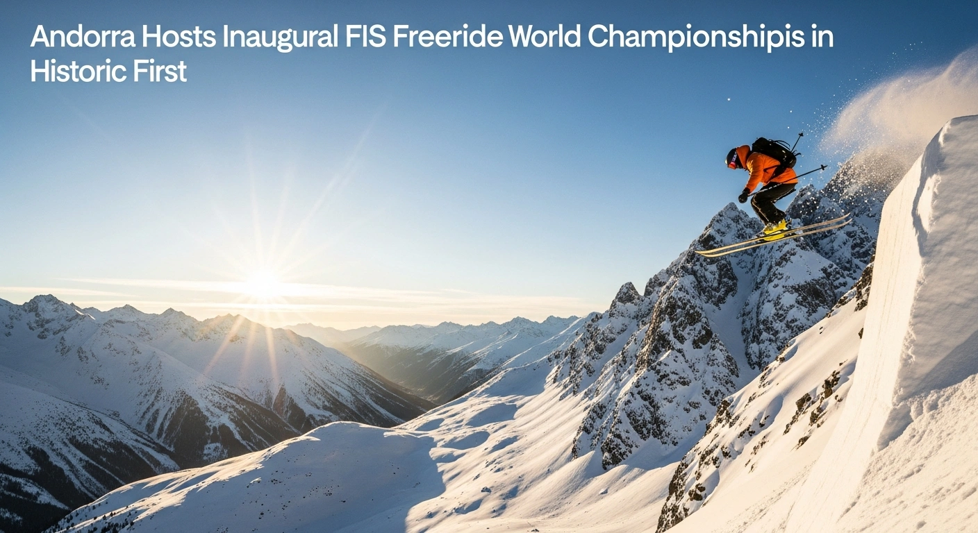 An elite freeride skier or snowboarder is captured mid-air against the majestic, snow-covered peaks of Andorra's Ordino Arcalís resort, symbolizing the upcoming FIS Freeride World Championships.