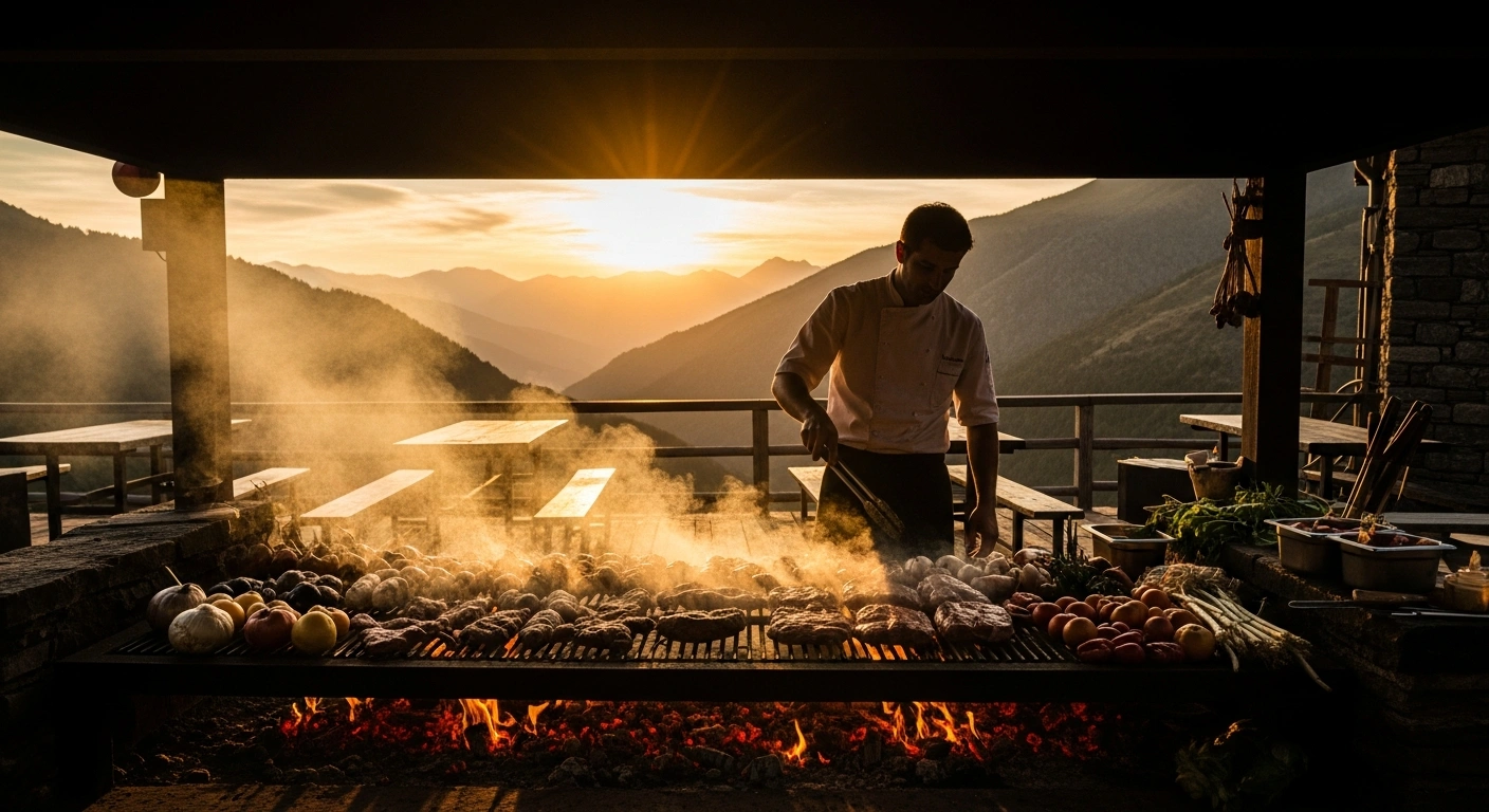 A rustic, open-air restaurant in the Andorran mountains features a chef grilling local produce over an open flame at dusk, symbolizing the country's rich gastronomic heritage and mountain traditions, as highlighted by Enric Torres of Andorra Turisme.