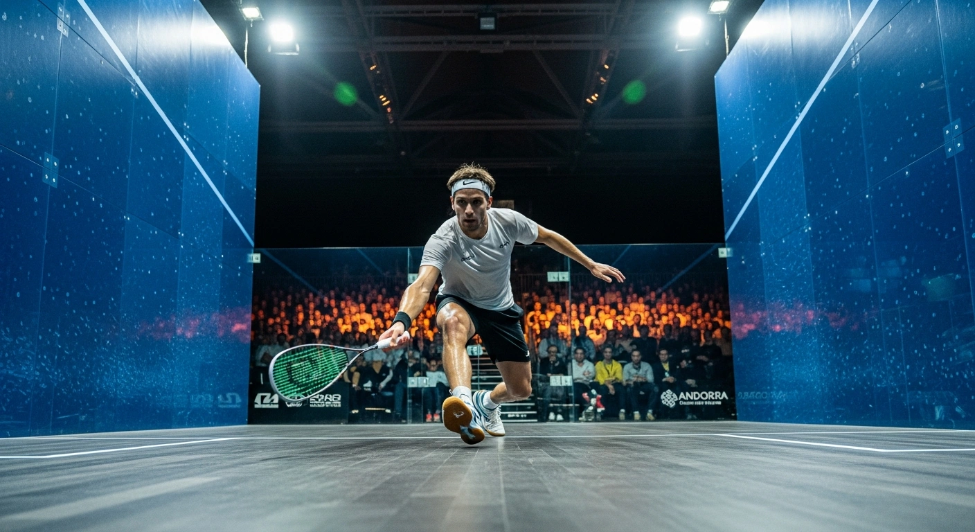 A dynamic, low-angle shot of a squash player mid-lunge on a glass court, racket extended, under dramatic stadium lighting, representing the intense quarter-final matches of the Copper-level Andorra Open 2025 squash tournament where Ivan Perez, Patrick Rooney, Gregoire Marche, and Yannick Wilhelmi advanced to the semi-finals.