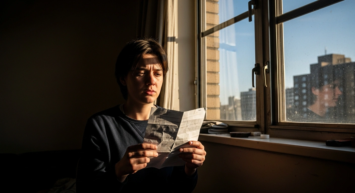 A person in a dimly lit apartment holds a crumpled document, symbolizing the upcoming unfreezing of rental contracts in Andorra and potential rent increases for tenants.