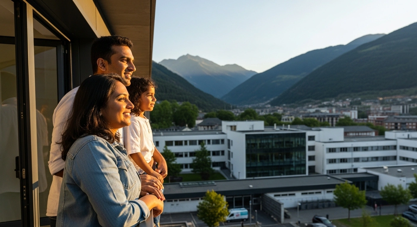 A diverse family, including individuals from India, stands on a balcony overlooking a modern Andorran valley with mountains, a school, and a hospital, symbolizing Andorra's residence permit programs offering long-term living and working rights, attractive tax regime, high-quality education, and comprehensive healthcare system.