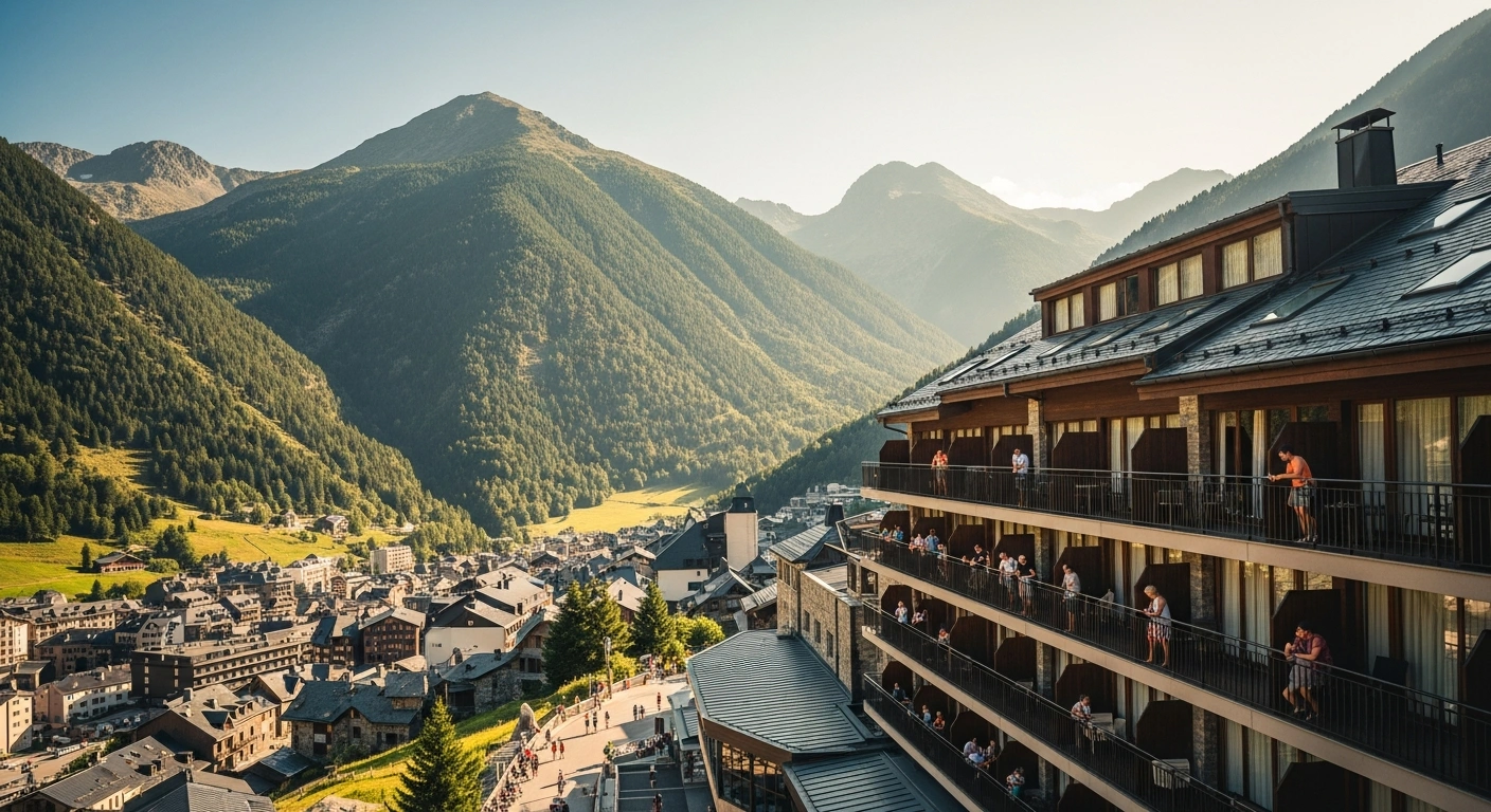 A luxury hotel in the Andorran mountains is filled with tourists during a busy summer season in July.