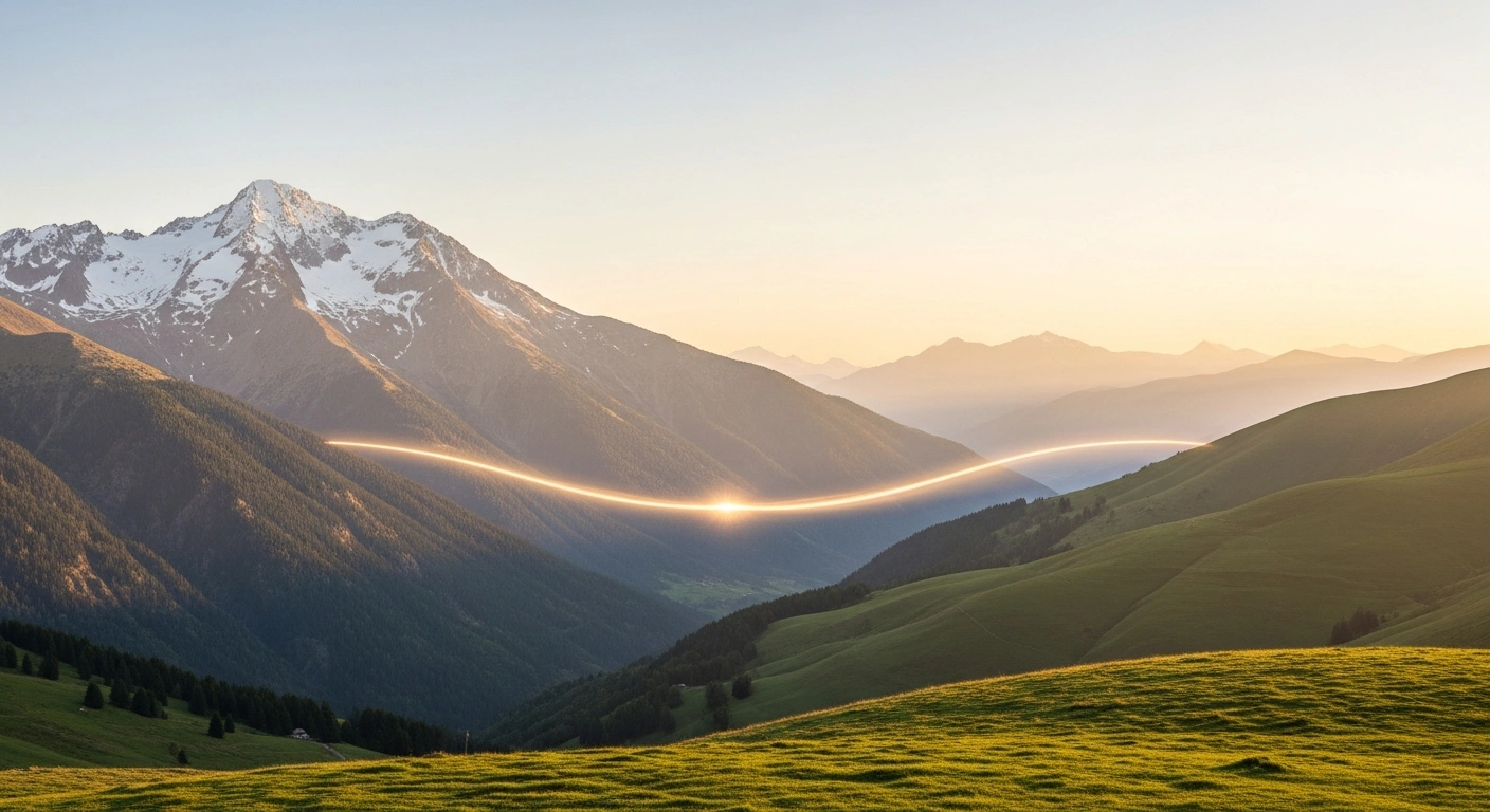 A wide-angle shot at dawn shows the rugged, snow-capped peaks of Andorra on one side and the gentle, verdant rolling hills of the British countryside on the other, connected by a shimmering golden light, symbolizing the Double Taxation Agreement between Andorra and the United Kingdom fostering economic cooperation and investment.