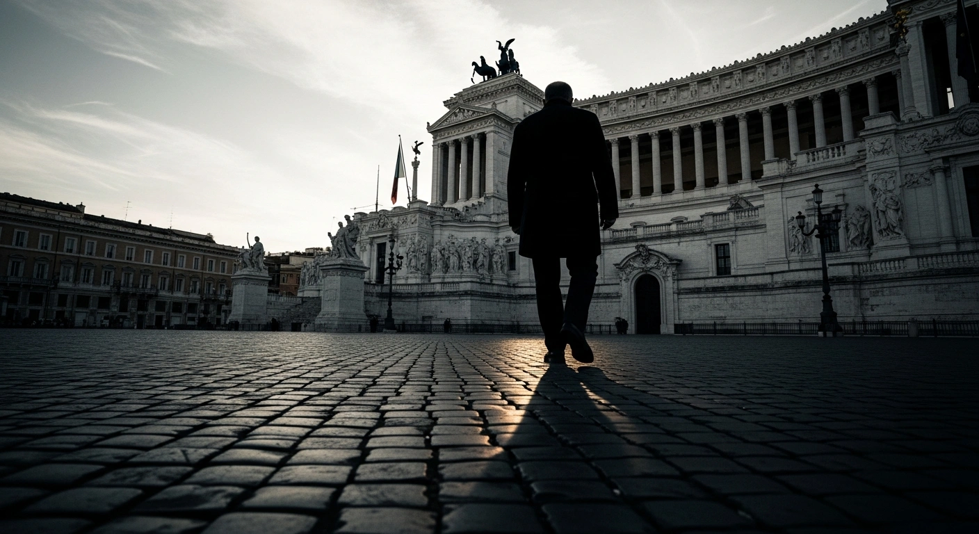 A somber Italian government official walks away from a neoclassical building following the resignation of Andrea Delmastro amid mafia association allegations.