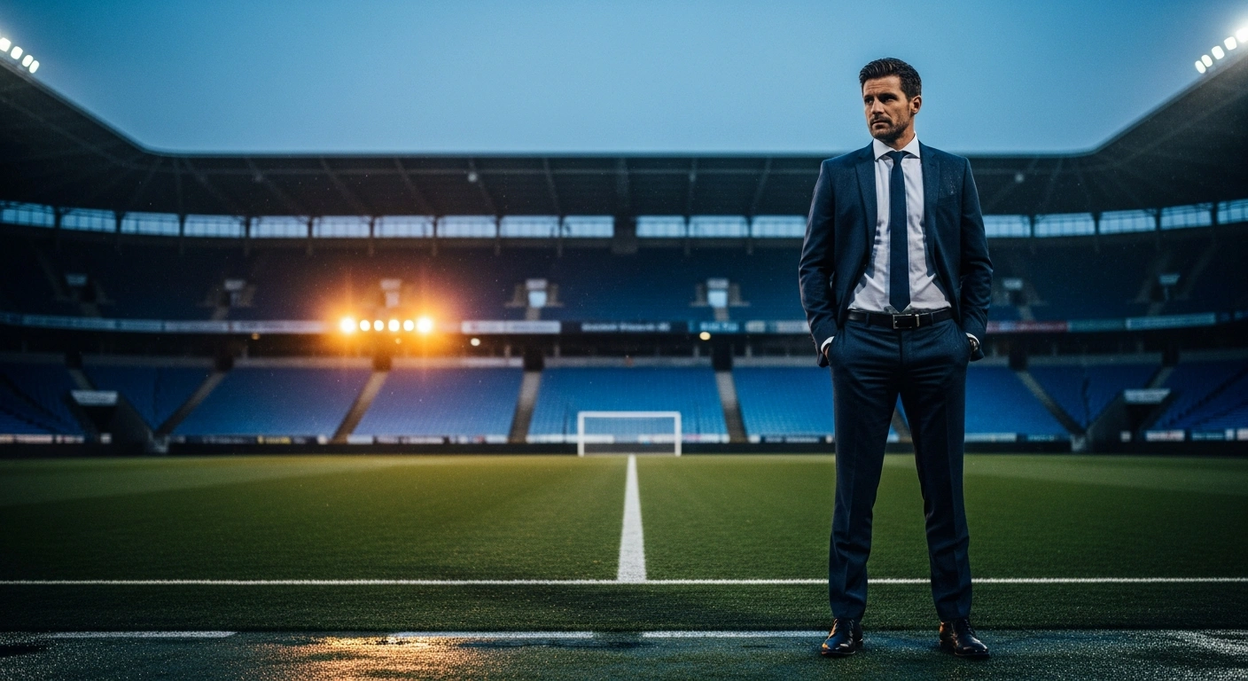 Former Italian football player Andrea Pirlo stands alone on a dark, rainy soccer field after being removed from consideration for the Italy national team coaching position.