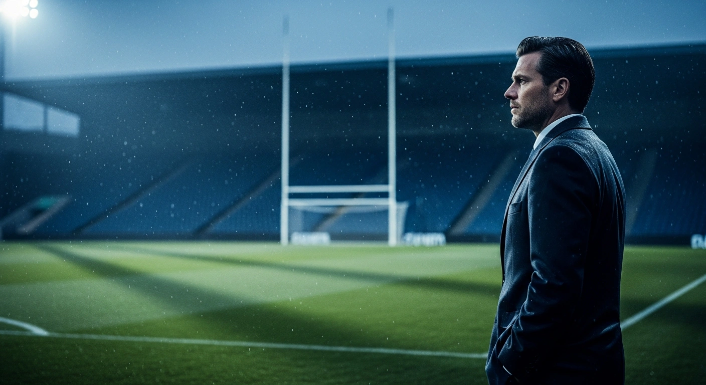 A football manager stands on the sidelines of a professional stadium, representing the uncertainty surrounding the Italy national team coaching position.