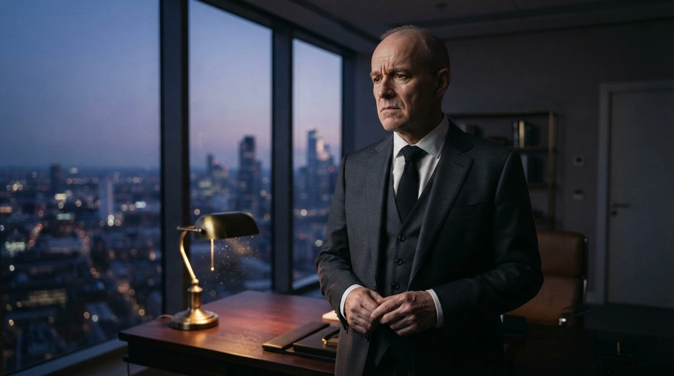 Andrei Klepach stands in a dimly lit office after resigning from his position as chief economist at the Russian state-owned development bank VEB.RF.