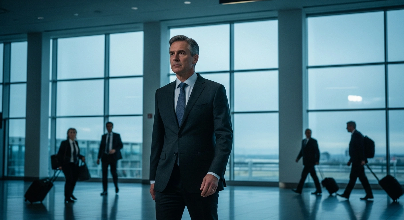 Andrew Hsia, Vice Chairman of the KMT, walks through an airport terminal during his diplomatic visit to China to discuss cross-strait relations.