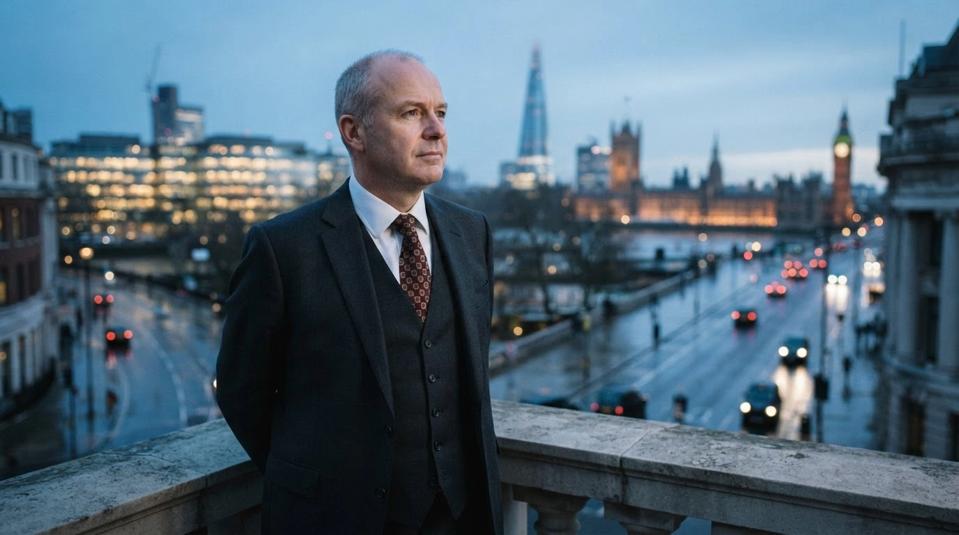 UK Prime Minister Andy Burnham stands on a balcony overlooking London at twilight, symbolizing a strategic shift toward closer cooperation with the European Union.
