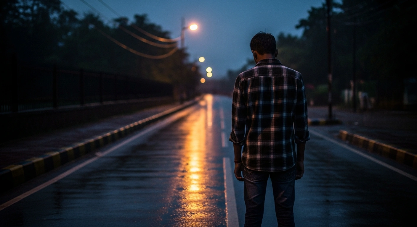 A somber image depicts a young man standing alone on a rain-slicked street in Dehradun at twilight, his back slightly turned, symbolizing the tragic death of MBA student Angel Chakma and the ongoing investigation into his alleged attack.