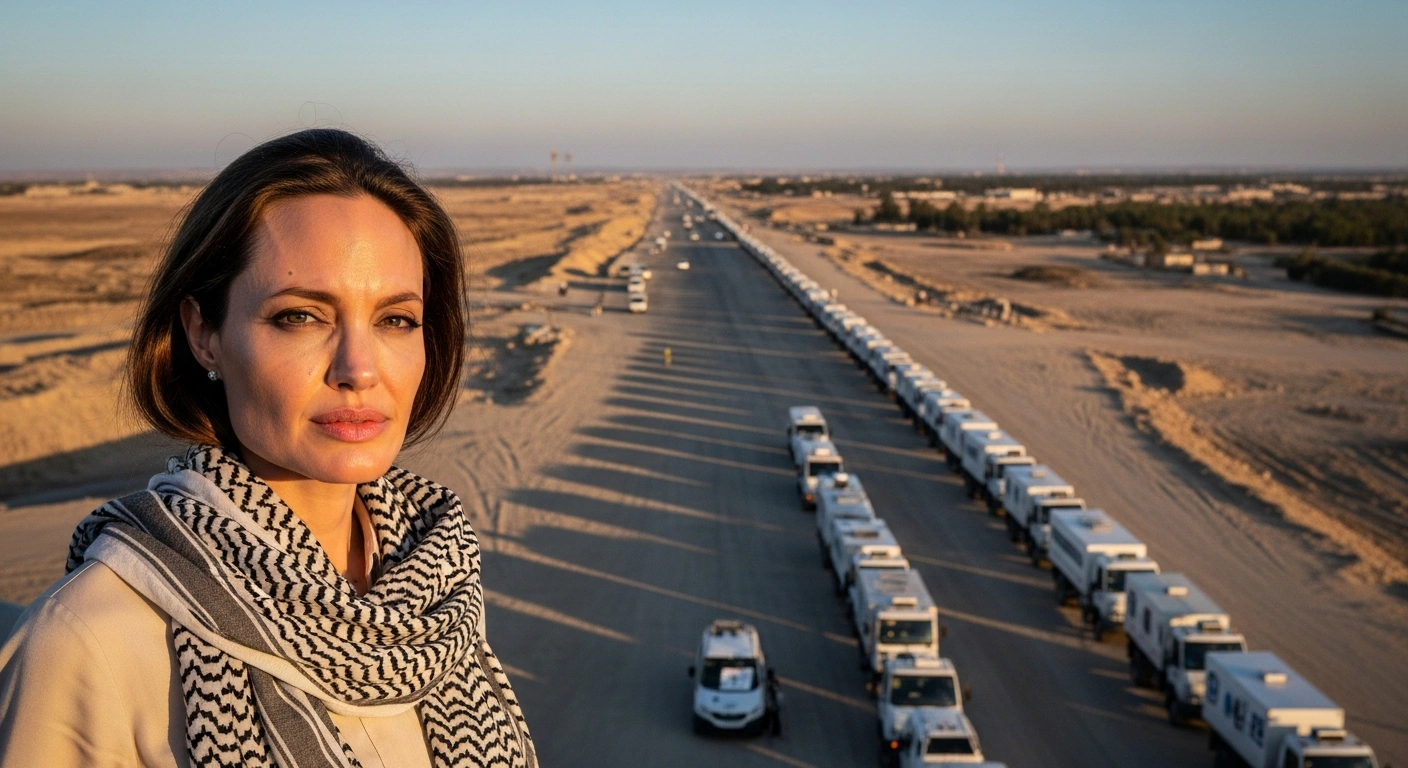 Actress and humanitarian Angelina Jolie stands at the Egyptian side of the Rafah crossing, observing a long line of aid trucks awaiting entry into Gaza, reflecting her focus on aid deliveries and the conditions of injured Palestinians.