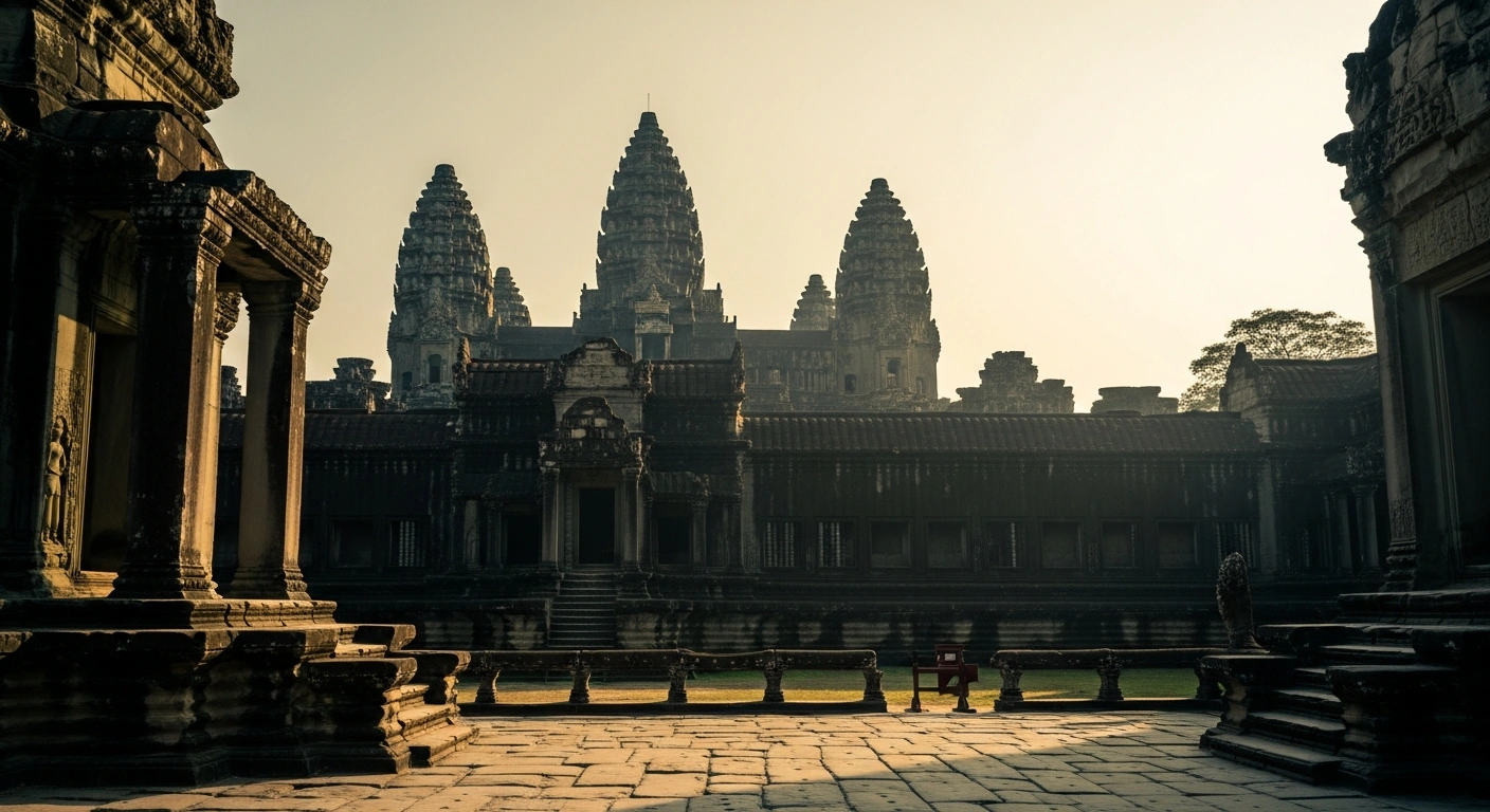 The ancient stone towers of Angkor Archaeological Park stand in quiet solitude under a hazy sky, reflecting a decline in tourism at the Cambodian heritage site.