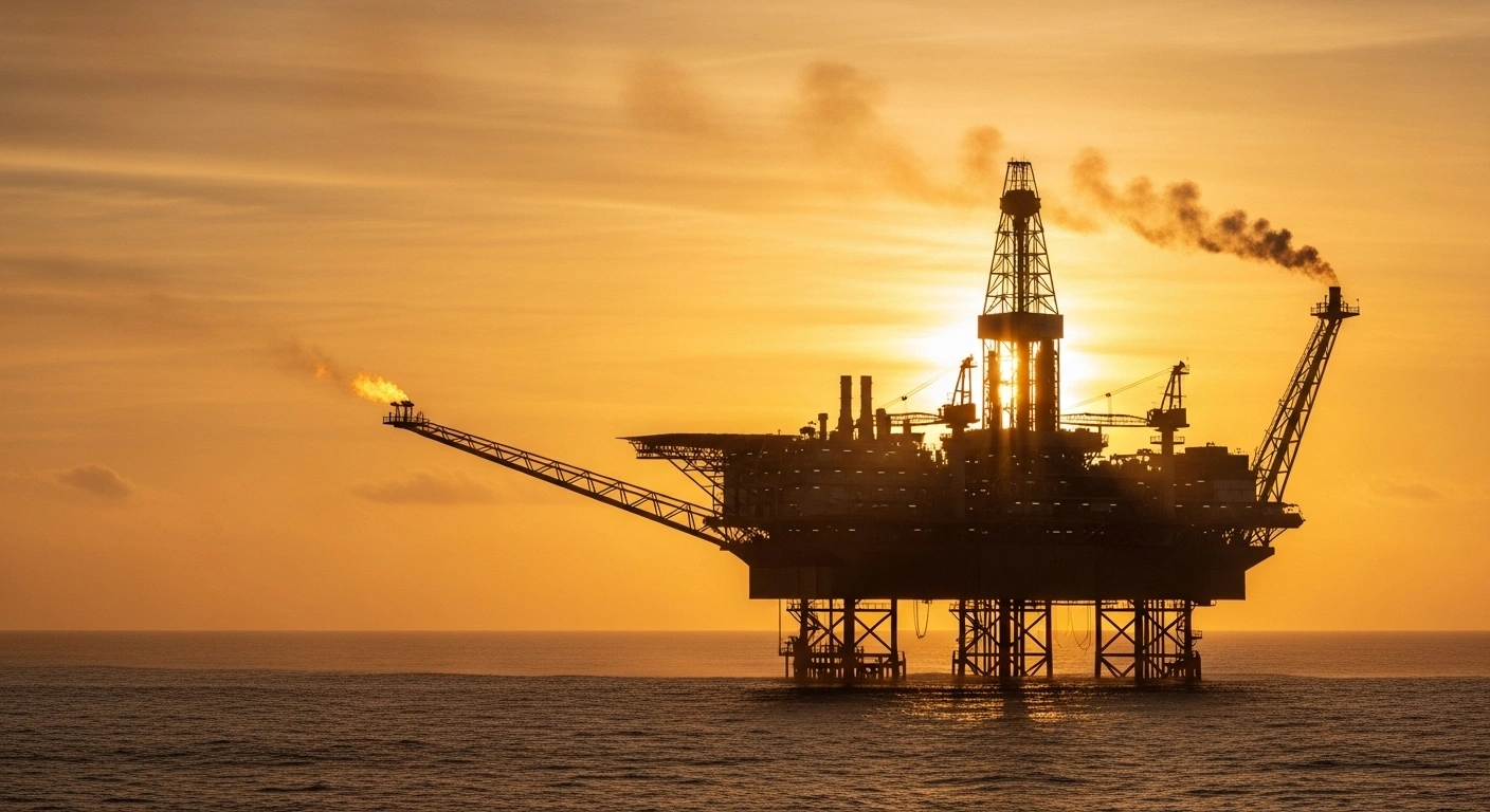 A massive offshore oil platform, with active drilling derricks and a gently smoking flare stack, is dramatically silhouetted against a fiery sunrise over the Atlantic Ocean, symbolizing the recovery of Angola's crude oil output and the efforts of major international operators.