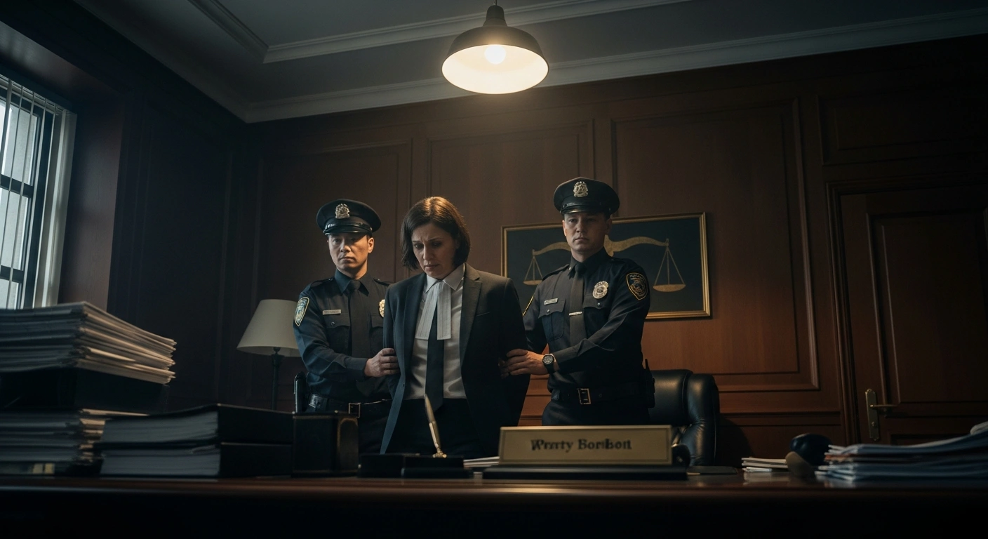 A formally dressed man, representing former Law Minister Anisul Huq, is being led away by two uniformed officers in a dimly lit, wood-paneled office, symbolizing his arrest in a money laundering case involving nearly Tk 2.5 billion, with financial documents subtly visible in the background.