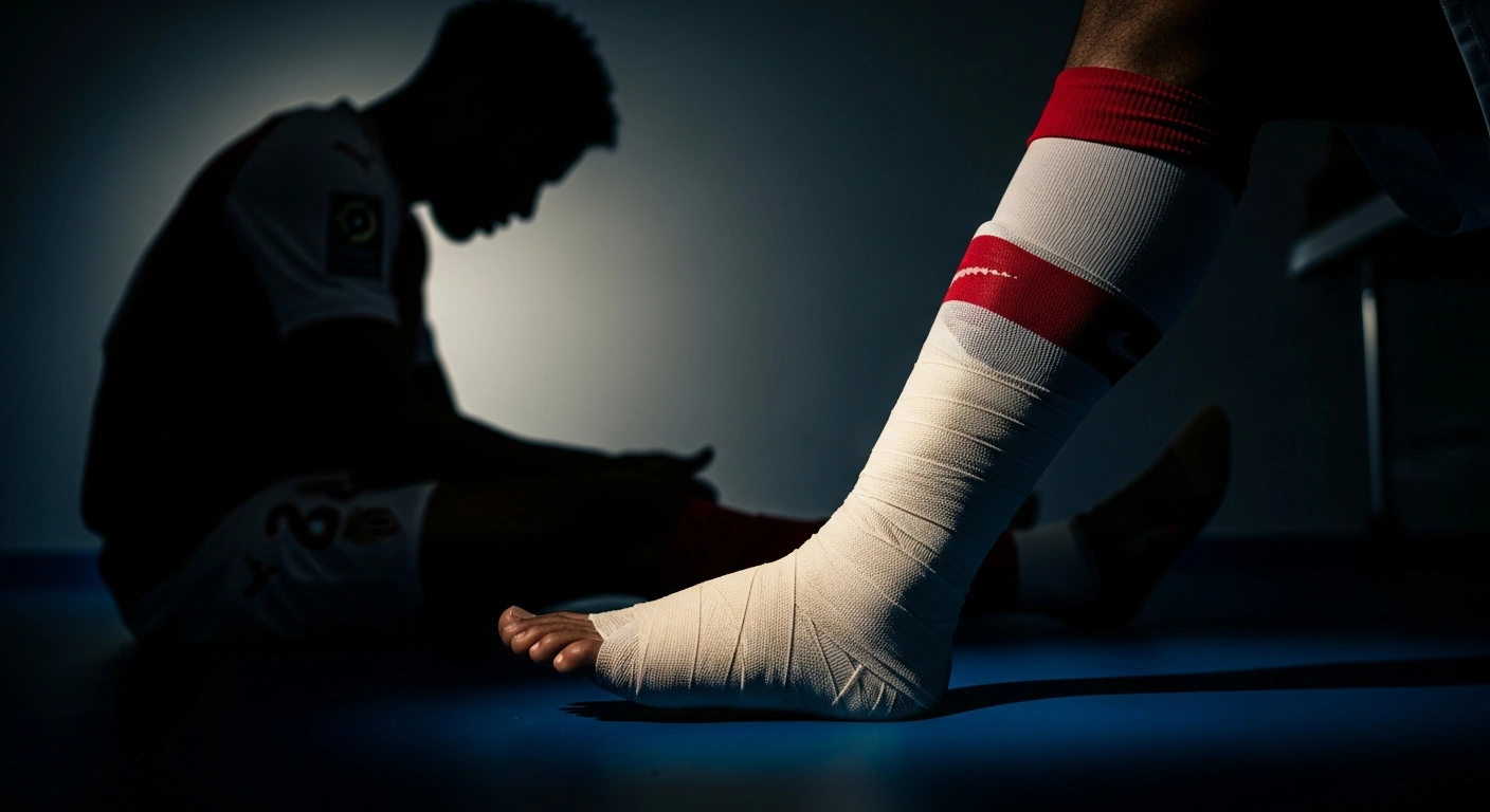 A close-up shot of AS Monaco forward Ansu Fati's bandaged calf, indicating the injury that has sidelined him from the Coupe de France and made him a doubt for the Ligue 1 derby, sustained during the match against Stade Rennais.