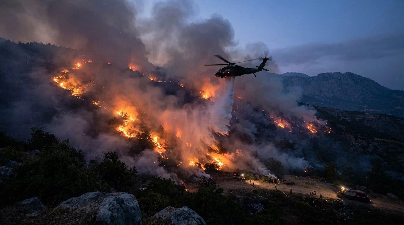 A firefighting helicopter drops water on a forest fire in Antalya while ground crews work to contain the flames near residential areas.