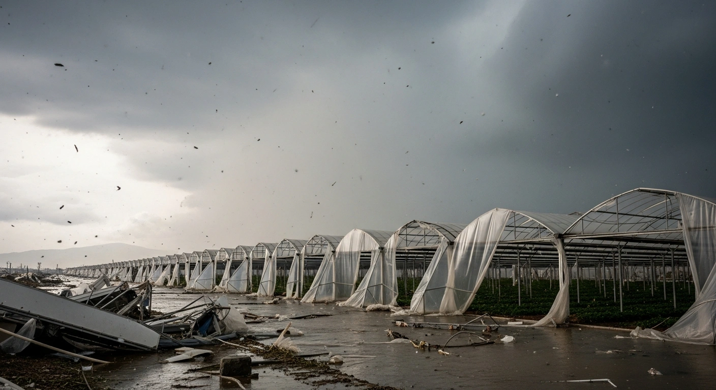 A wide, low-angle view captures the extensive damage in Antalya Province, Turkey, after multiple tornadoes, heavy rainfall, and large hail struck between January 24-26, 2019, showing shattered greenhouse structures and debris from critical infrastructure like Antalya Airport under a bruised, rainy sky.