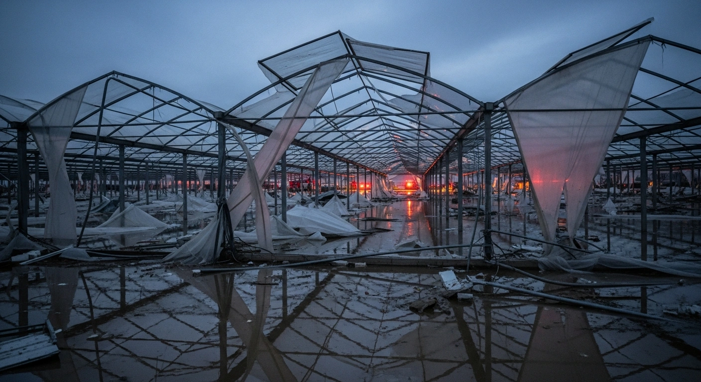 A wide, low-angle shot at pre-dawn shows the skeletal remains of a vast greenhouse in Antalya Province, Turkey, its structure destroyed by powerful tornadoes and severe storms, with floodwaters reflecting distant emergency vehicle lights, indicating extensive damage and ongoing response efforts.