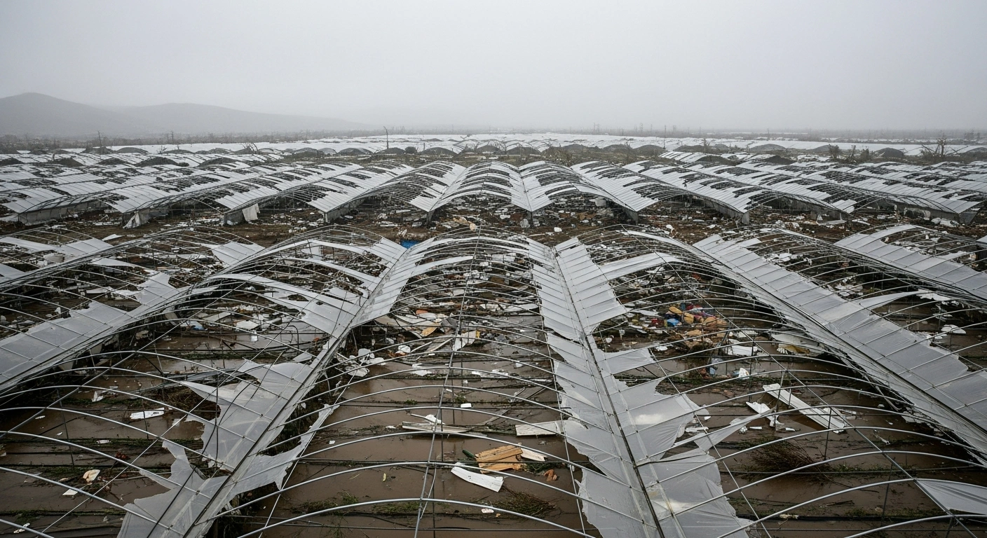 An aerial view depicts extensive damage to hundreds of hectares of greenhouses and critical infrastructure in Antalya Province, Turkey, following multiple tornadoes and recent flooding on January 26, 2026.