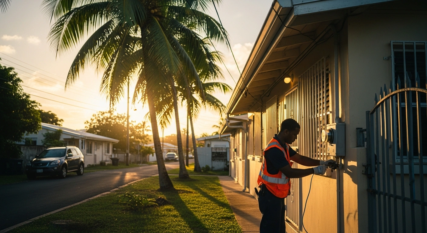 A utility technician reconnects a home to the Antigua Public Utilities Authority power grid as part of a government amnesty program for residents.