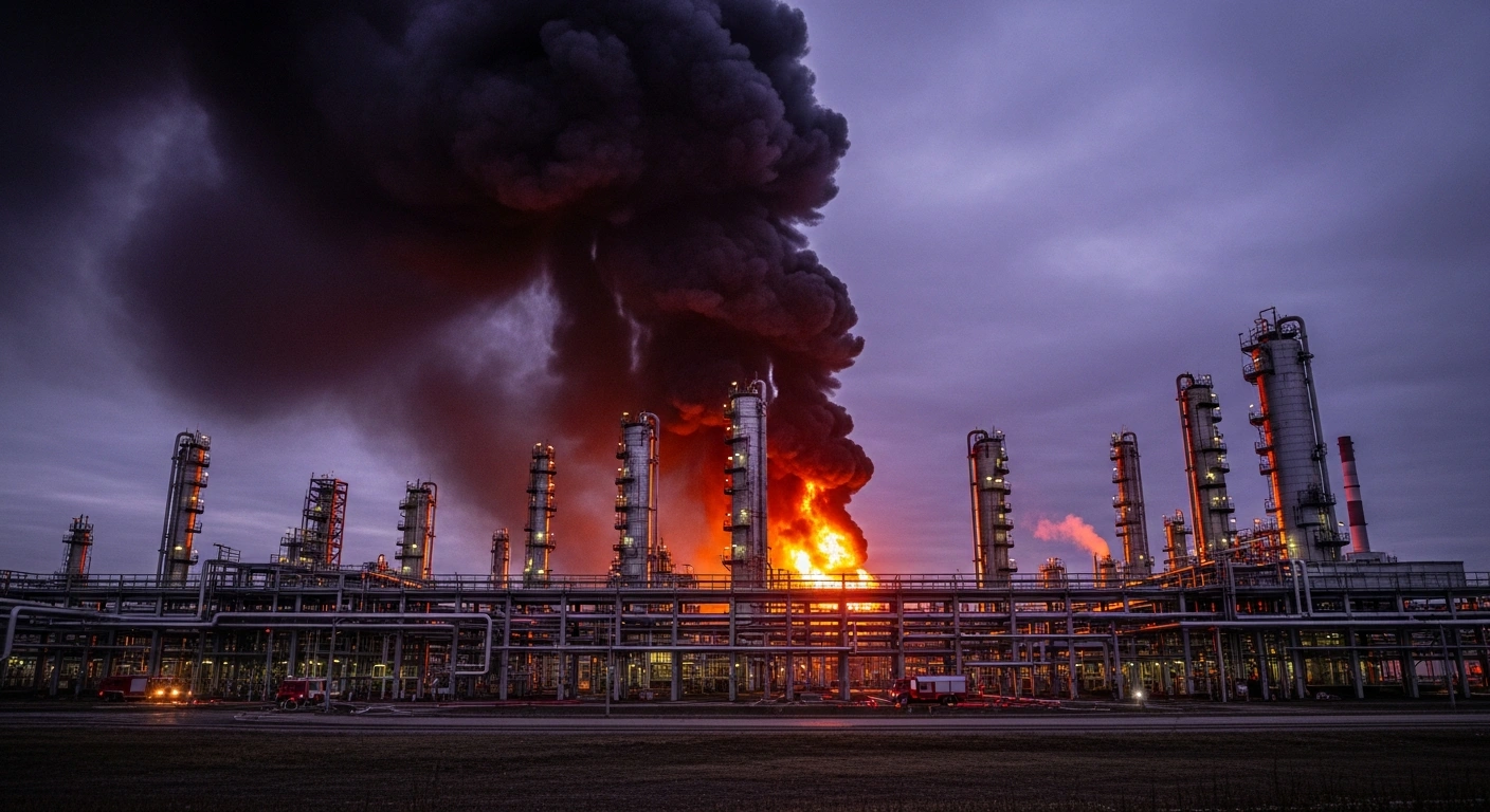 A massive fire burns at the Antipinsky Oil Refinery in Tyumen, Russia, with thick smoke rising from the industrial facility following reports of explosions.