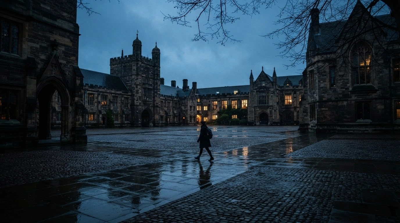 A lone student walks across a quiet university campus at dusk, reflecting concerns about the safety of Jewish students in the United Kingdom.