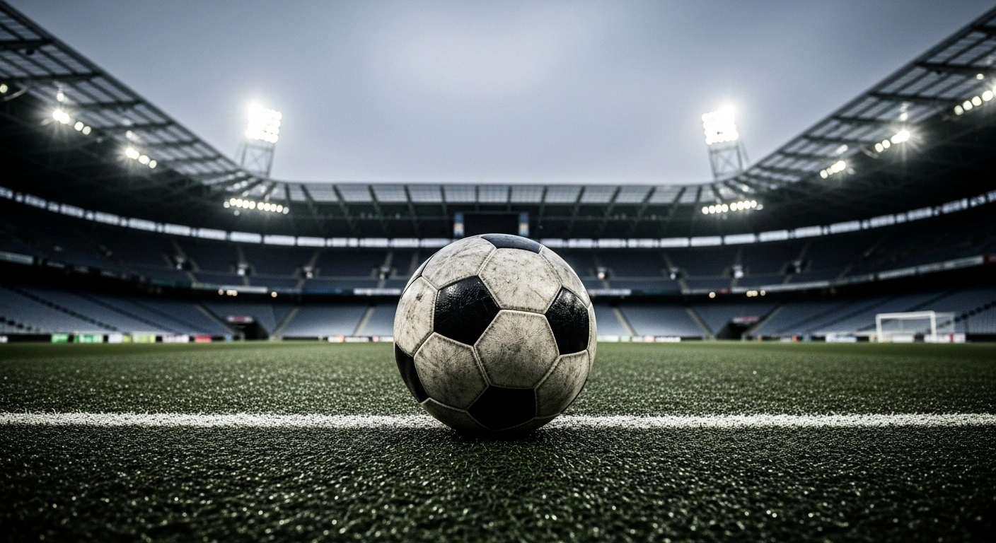 A solitary soccer ball sits on a dark stadium pitch, representing the rise in antisemitic incidents within UK soccer as reported by Kick It Out.