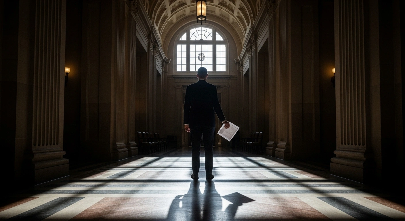 A lone figure, representing E.J. Antoni, stands in a long, empty government corridor, holding a crumpled document, symbolizing the White House's withdrawal of his nomination to lead the Bureau of Labor Statistics following widespread criticism.