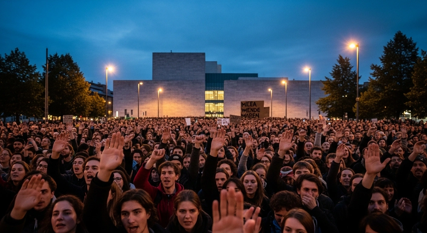 A large crowd of approximately 4,000 people protests in front of the Museum of Contemporary Art Antwerp (M HKA) at twilight, illuminated by streetlights, against the Flemish government's plan to transform the museum and relocate its collection.