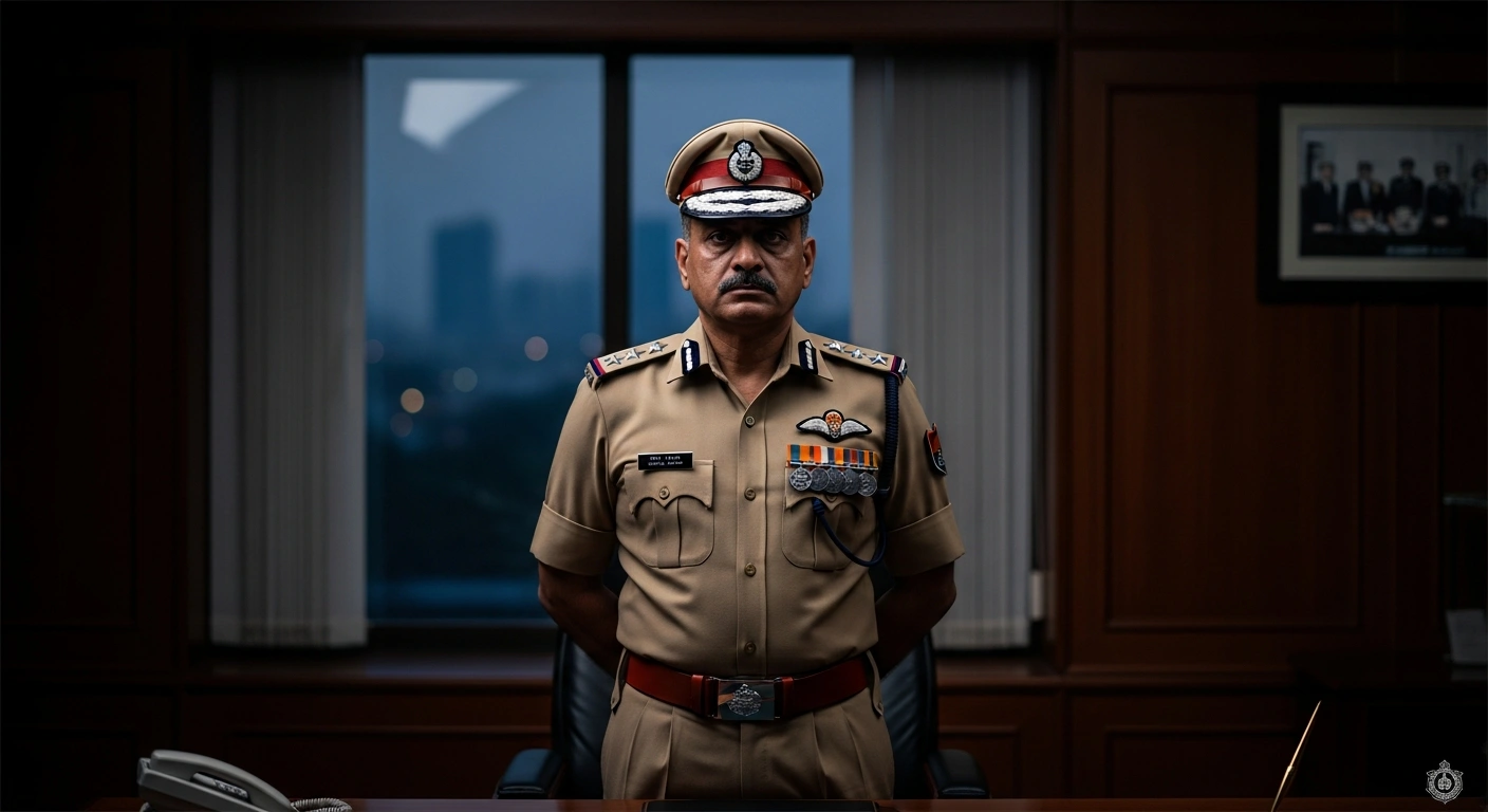 A high-ranking police officer stands in a formal office in New Delhi following the appointment of Anurag Kumar as the new Delhi Police Commissioner.