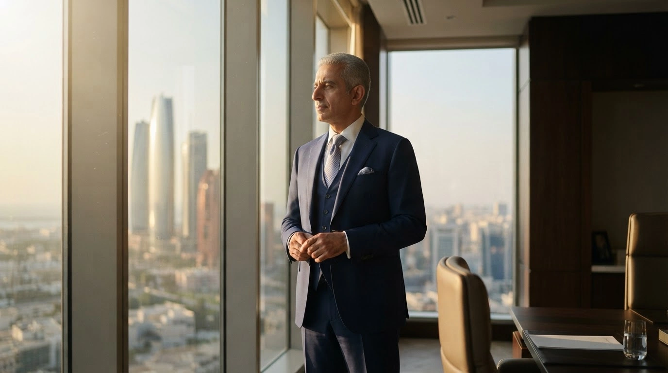 Dr. Anwar Gargash stands in a modern office overlooking the Abu Dhabi skyline, representing the UAE's commitment to regional stability.