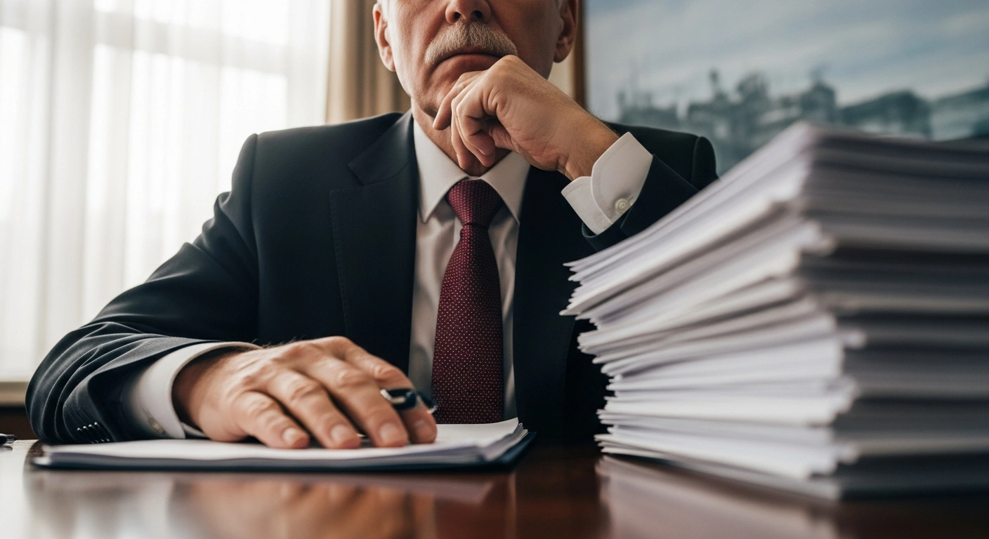 Malaysia's Prime Minister Anwar Ibrahim is depicted in a thoughtful pose, seated at a table with official documents, symbolizing his cautious stance on the proposed Gaza 'Board of Peace' and his demand for clear guarantees for Palestinians.