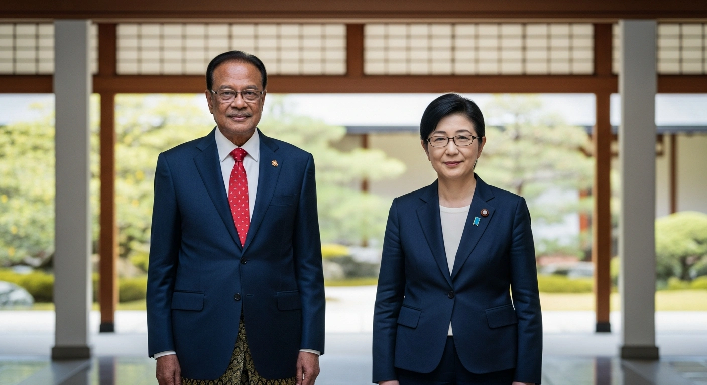 Malaysian Prime Minister Anwar Ibrahim and Japanese Prime Minister Sanae Takaichi stand together during an official diplomatic visit to discuss economic and security cooperation.