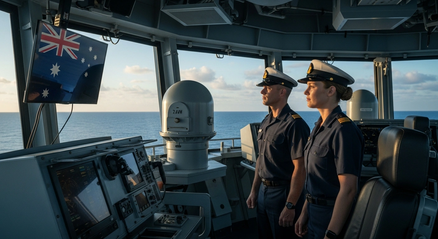 An Australian and a New Zealand naval officer stand together on a ship bridge to represent the ten-year military integration roadmap for the ANZAC force.