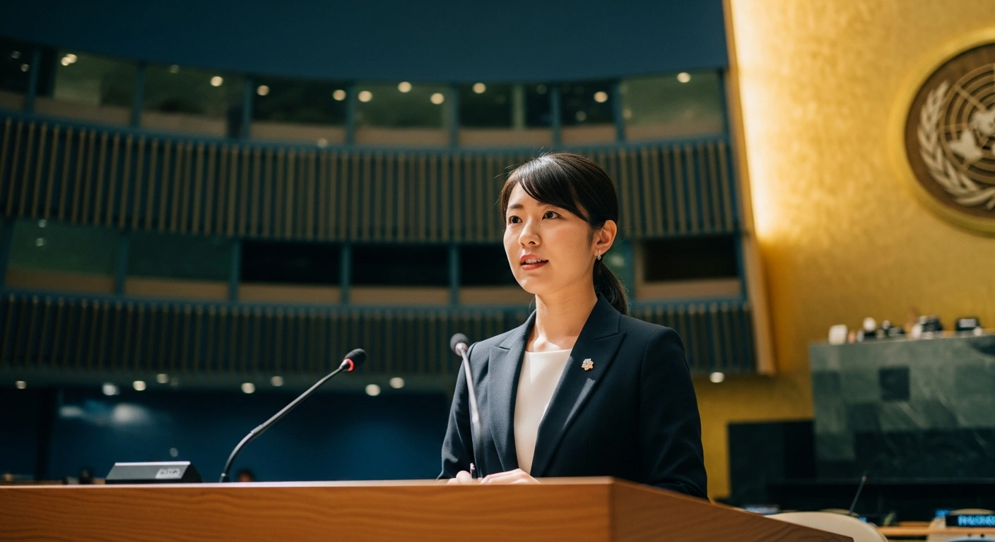Japanese model Aoi Kawasaki stands at a podium in the United Nations headquarters to advocate for disability inclusion on World Down Syndrome Day.