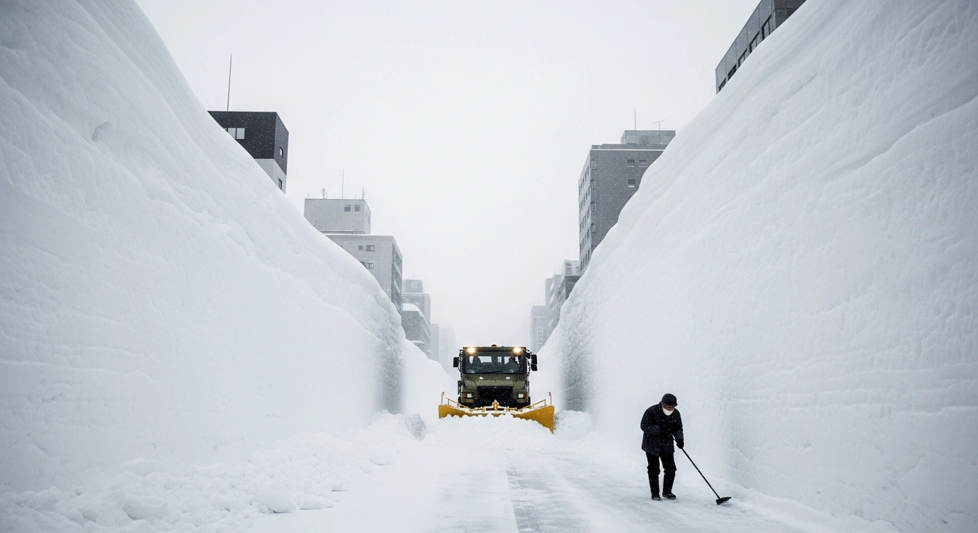 A Ground Self-Defense Force snowplow clears a path through towering snowdrifts in Japan's Aomori City, where record snowfall has led to a request for assistance, as an elderly resident walks carefully nearby.