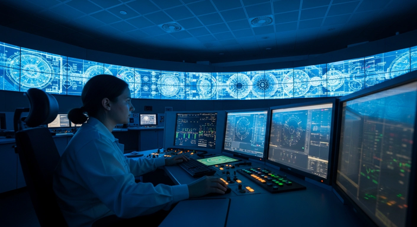A photorealistic image depicting the interior of Europe's first full-scope AP1000 control room simulator at the new Westinghouse Electric Company AP1000 Training Academy in Madrid, Spain, where operators are being trained for the deployment of AP1000 nuclear units across Europe, including projects in Ukraine, Poland, and Bulgaria.