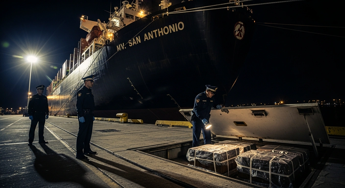 Customs officers, illuminated by a work light, discover multiple parcels of cocaine hidden within a compartment on the Brazilian vessel MV San Anthonio at Apapa Port, Lagos.
