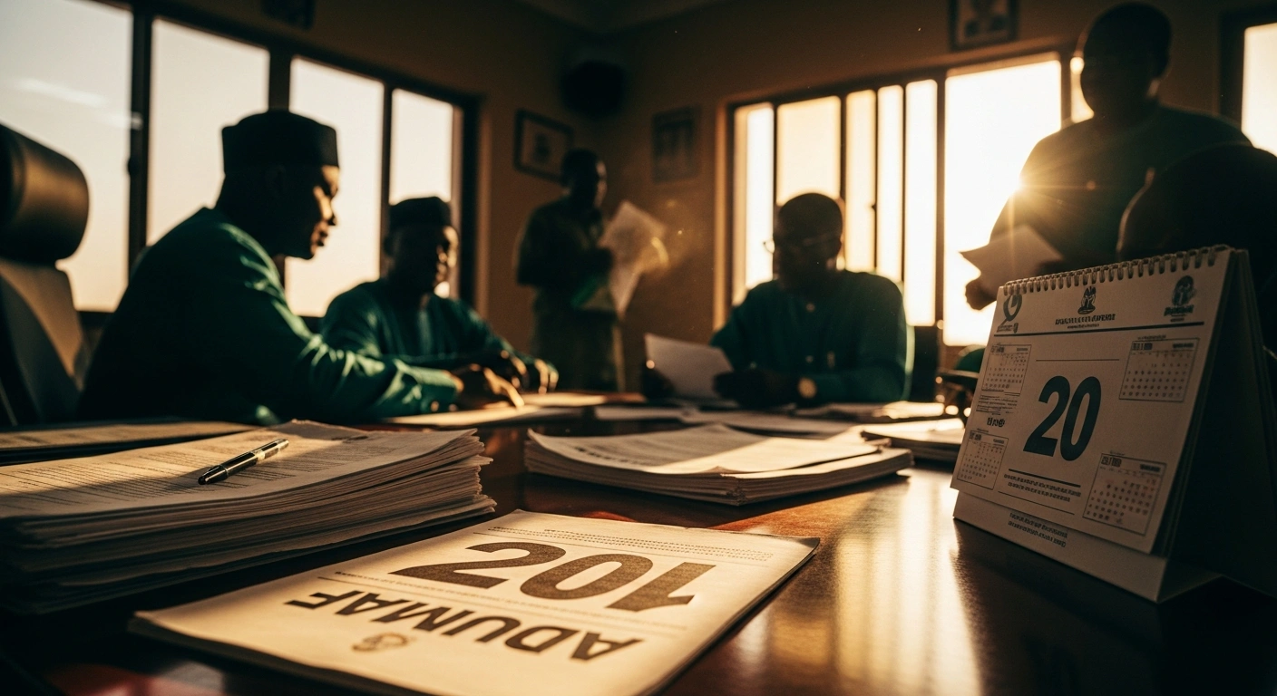 A close-up view of official electoral documents and a calendar on a desk, representing the rescheduled APC primary election for the Adamawa Central Senatorial District.