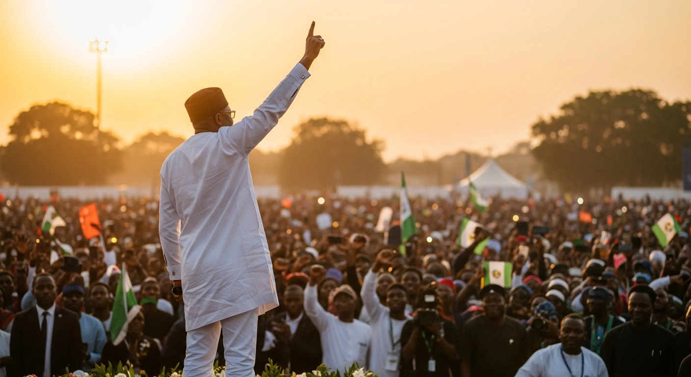 A political leader, representing the All Progressives Congress (APC), stands on a podium with an arm raised in victory, celebrating the party's success in the Federal Capital Territory (FCT) Area Council elections, where they secured multiple council seats including the Bwari and AMAC chairmanships.